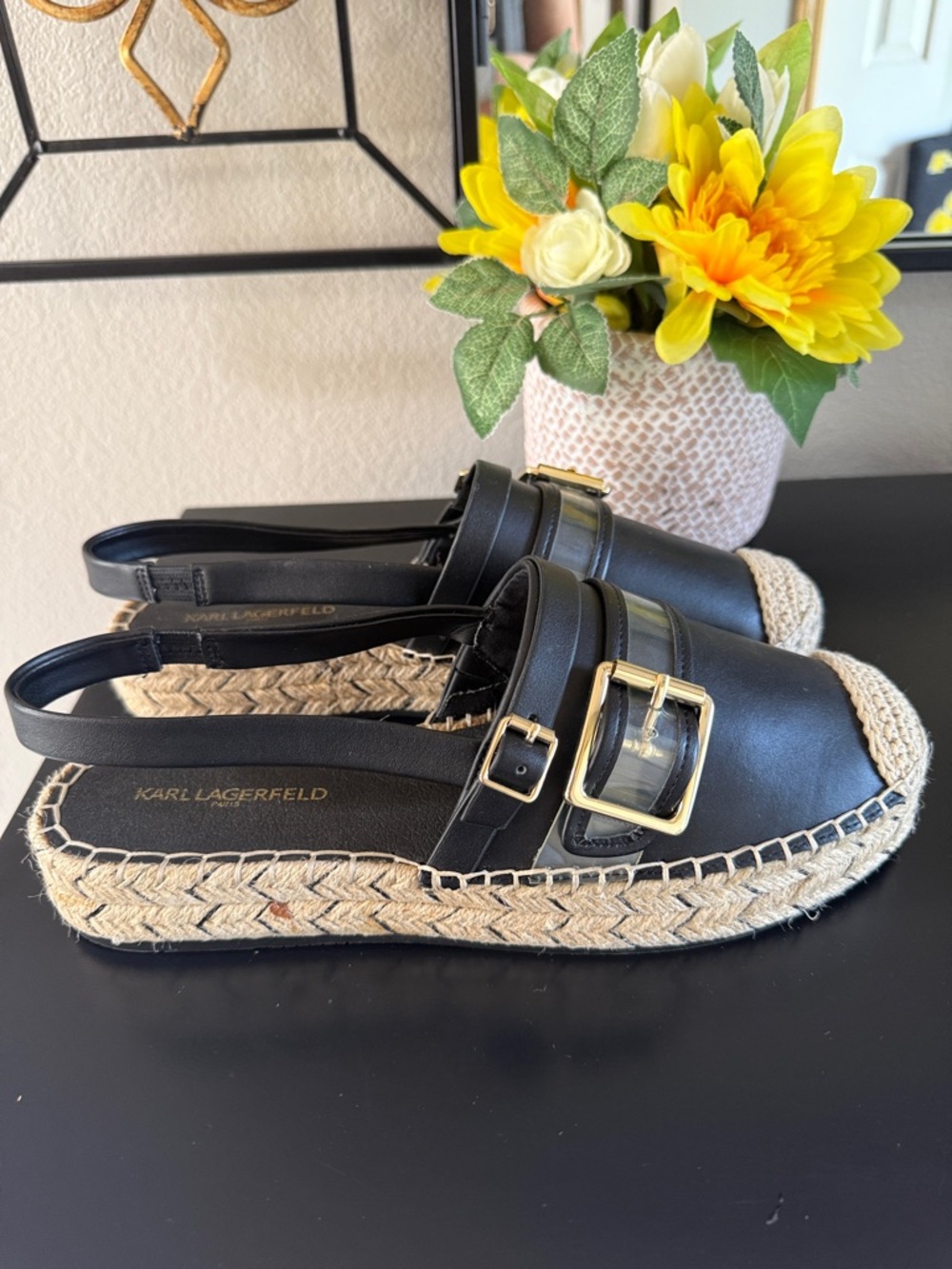 Karl Lagerfeld Black Espadrille Slingback Sandals with Gold Buckle - Picture 2 of 10